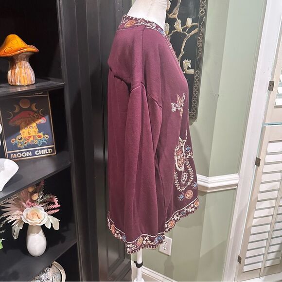 Soft Surroundings Embroidered Maroon Open Front Cardigan Size Medium - Picture 8 of 15